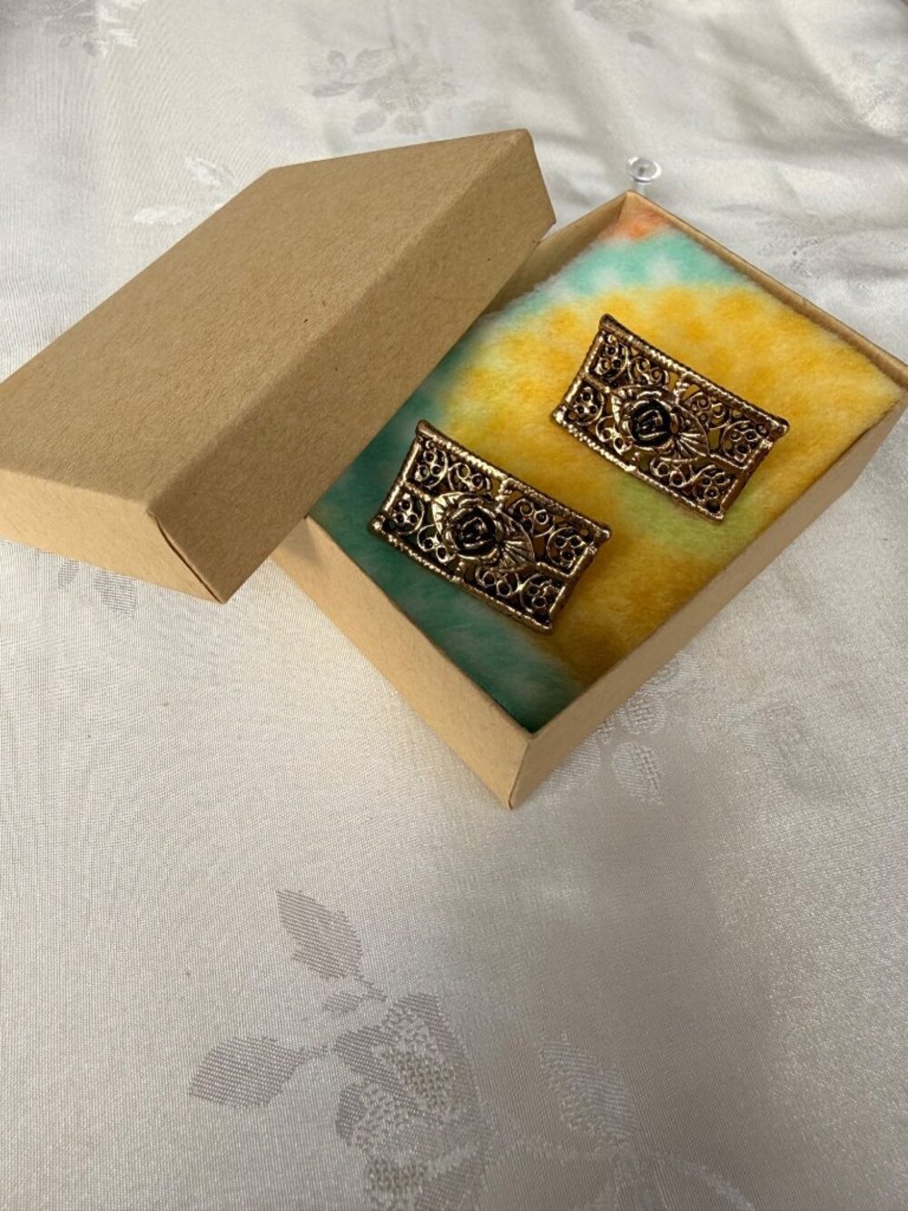 Vintage Gold-Tone Filigree w/ Rose Center Rectangle Earrings With Box